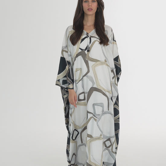 Black and Off-White Block Italian Silk Cotton Caftan - House of Caftan