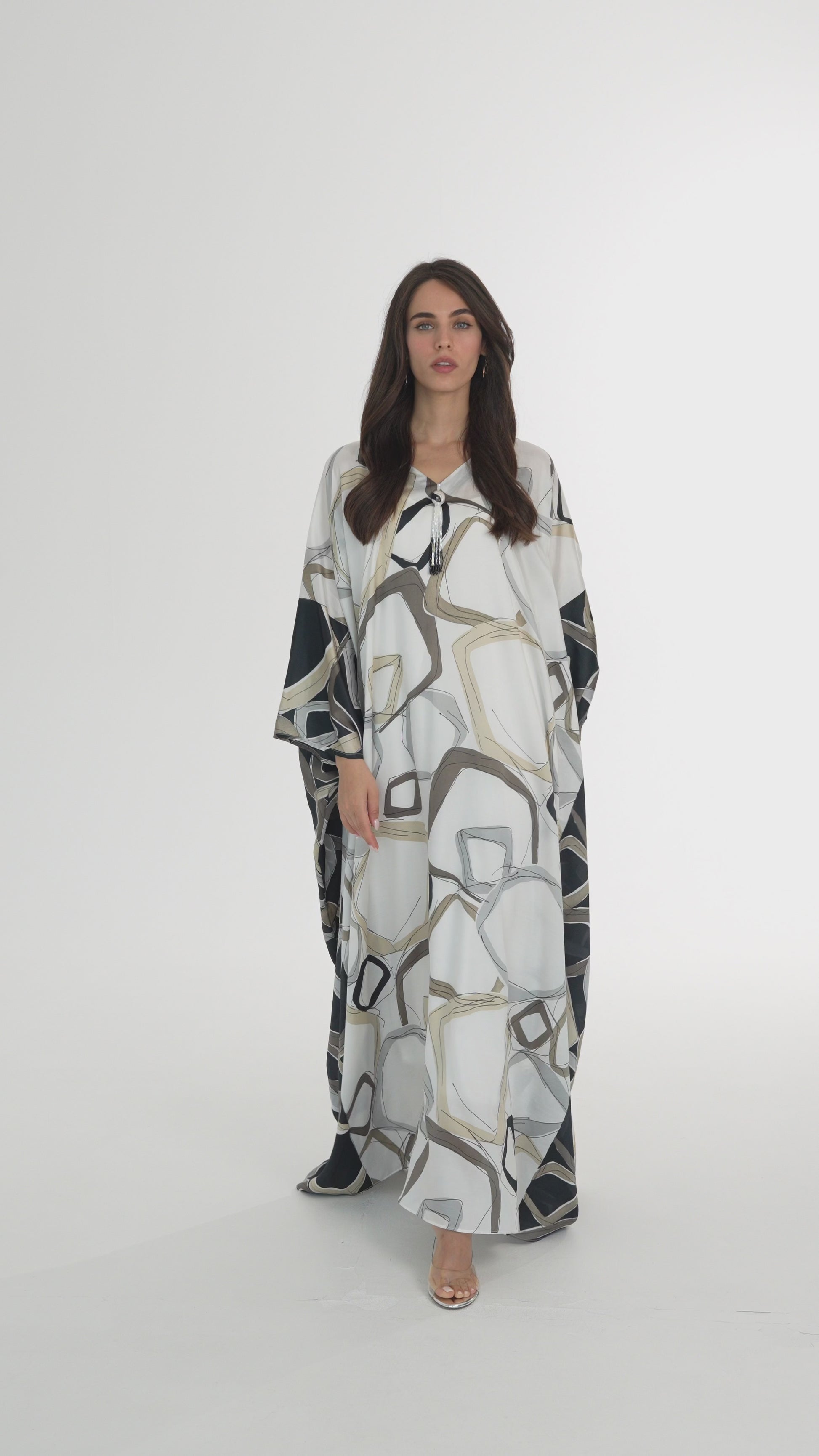 Black and Off-White Block Italian Silk Cotton Caftan - House of Caftan