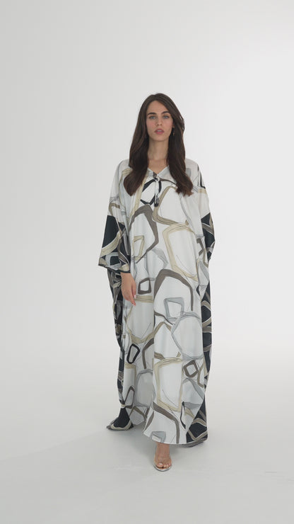 Black and Off-White Block Italian Silk Cotton Caftan - House of Caftan