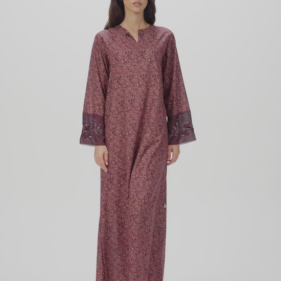 Burgundy Bloom Italian Cotton Caftan with 3D floral embroidery