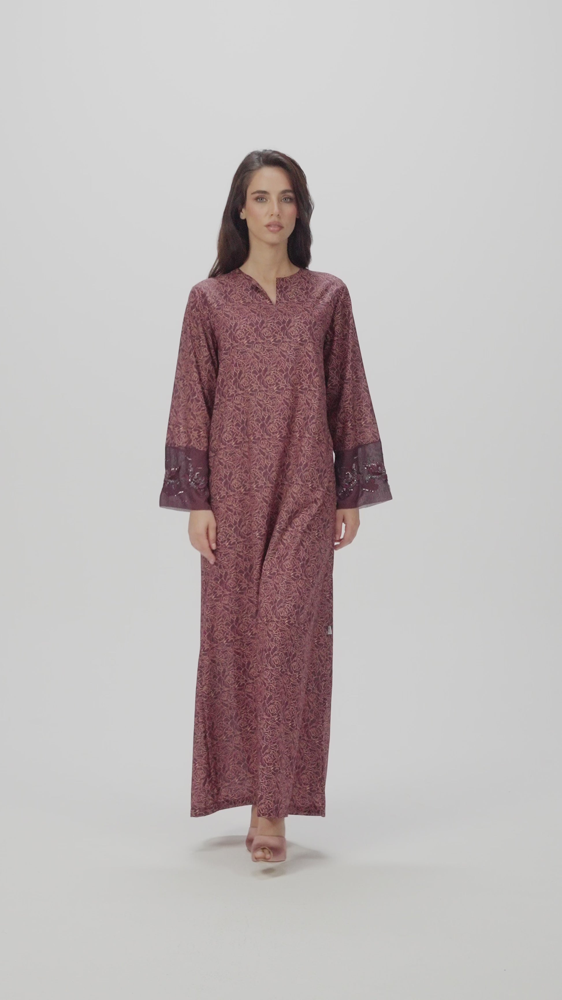 Burgundy Bloom Italian Cotton Caftan with 3D floral embroidery