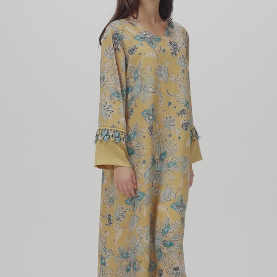 Golden Mirage Italian Viscose Satin Caftan with 3D Embroidered Cuffs