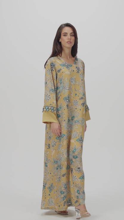 Golden Mirage Italian Viscose Satin Caftan with 3D Embroidered Cuffs