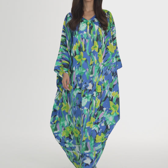 Multicolor Floral Italian Silk Cotton Caftan - House of Caftan