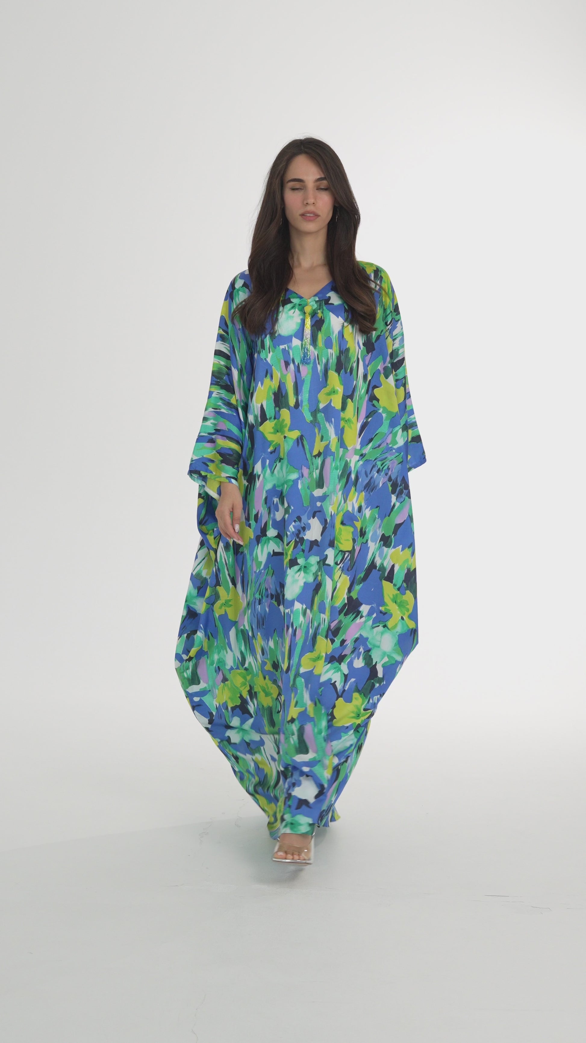 Multicolor Floral Italian Silk Cotton Caftan - House of Caftan