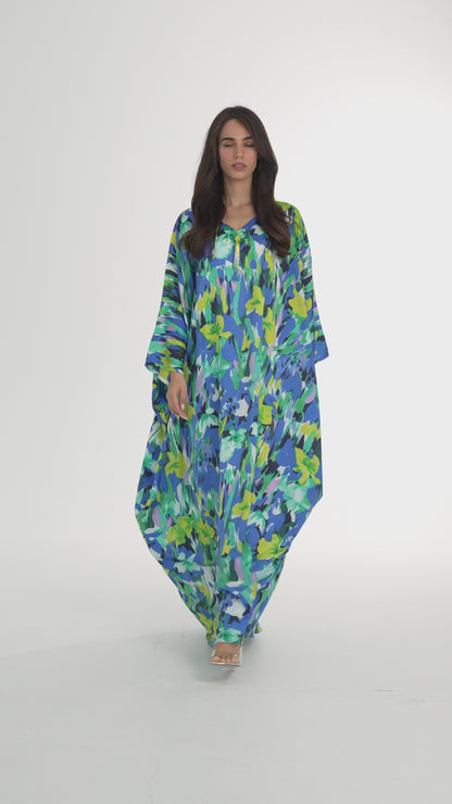 Multicolor Floral Italian Silk Cotton Caftan - House of Caftan