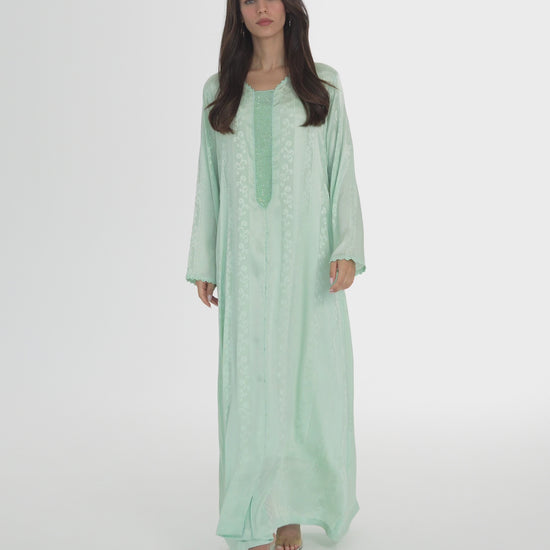 Mint Green Handmade Caftan with Mint Green Beads - House of Caftan