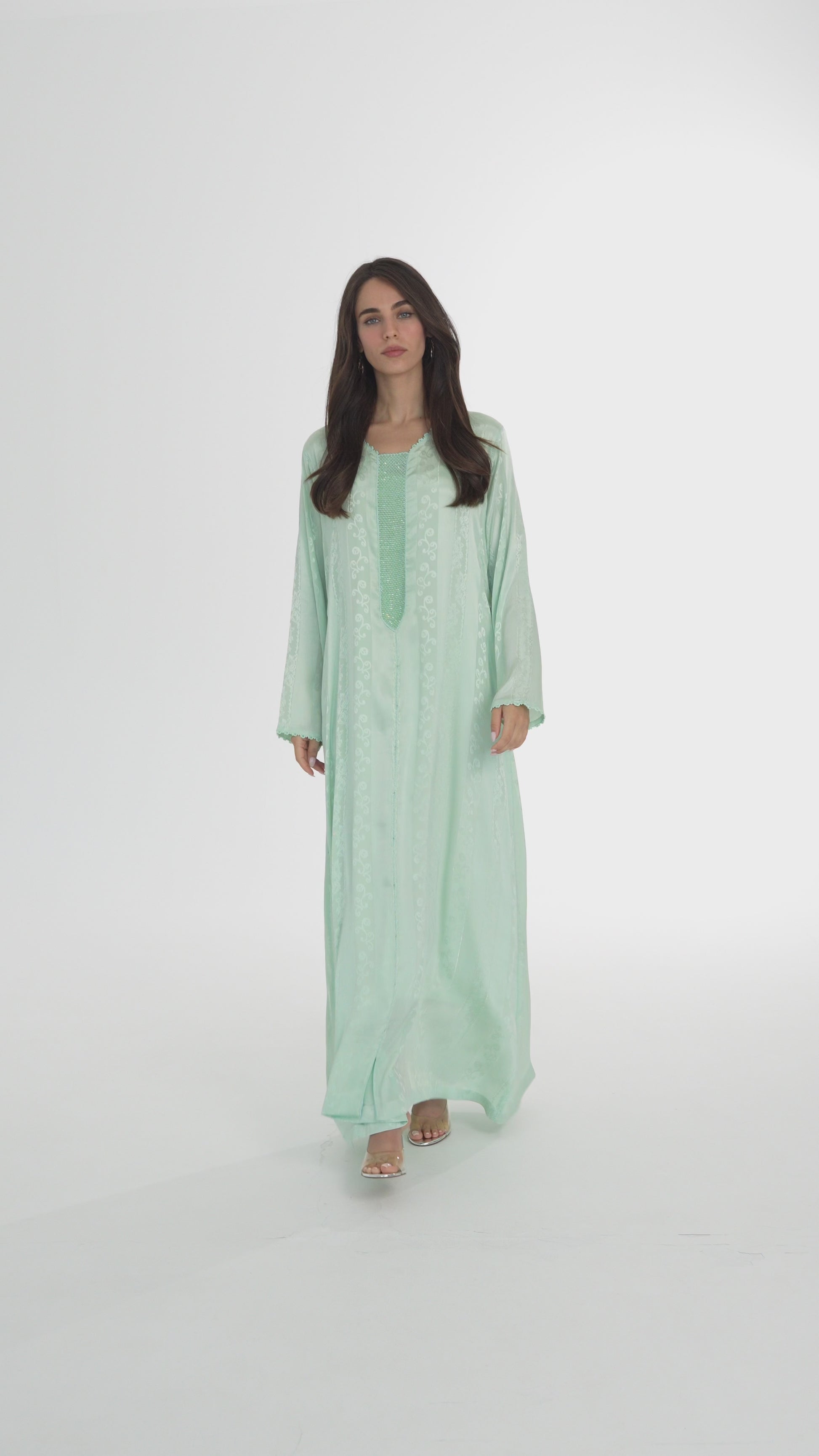 Mint Green Handmade Caftan with Mint Green Beads - House of Caftan