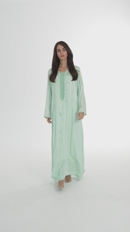 Mint Green Handmade Caftan with Mint Green Beads - House of Caftan