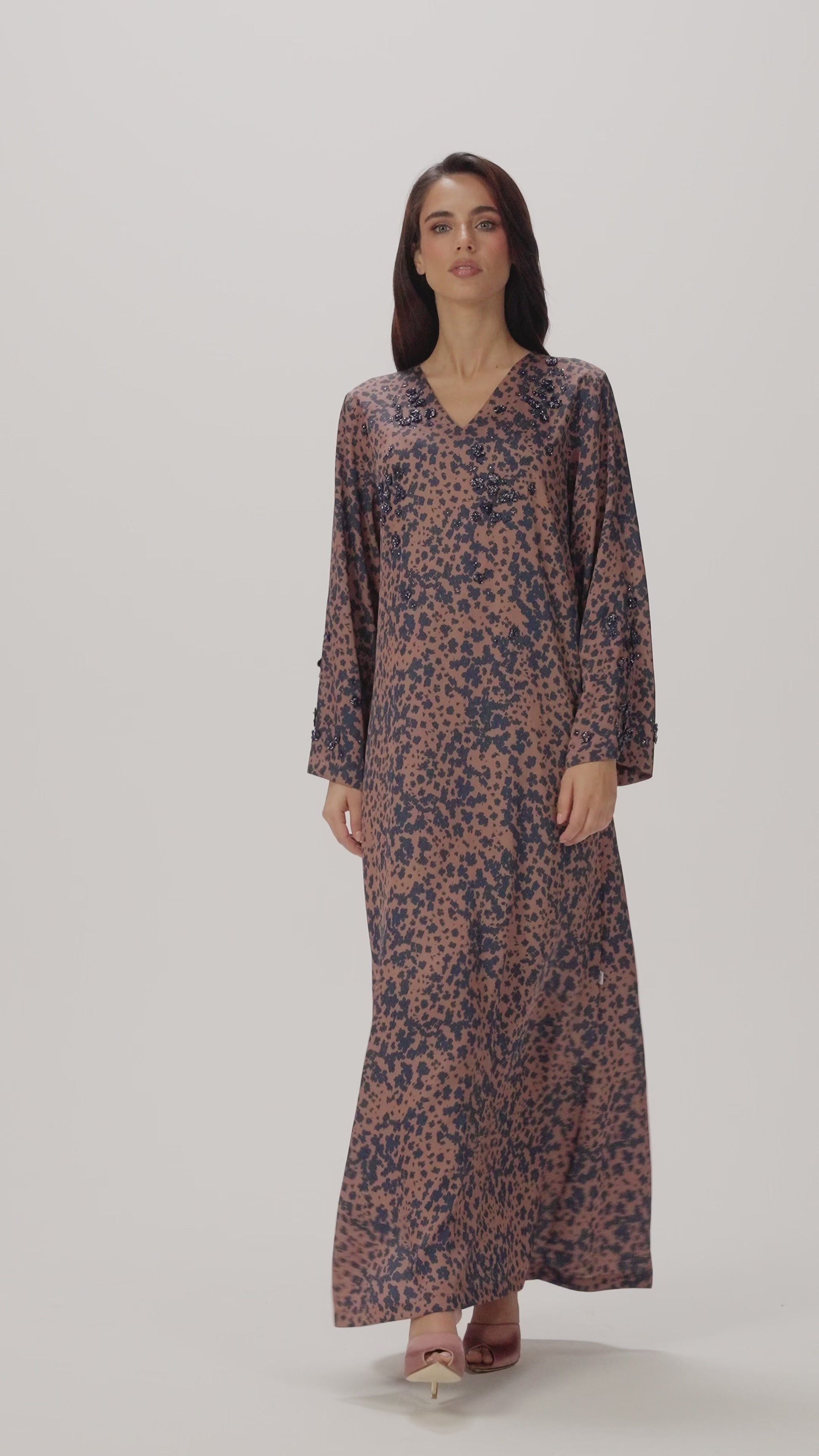 Vintage Rose Italian Twill Caftan with Hand-Beaded Navy Florals