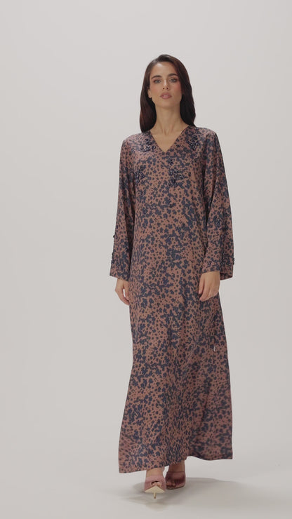 Vintage Rose Italian Twill Caftan with Hand-Beaded Navy Florals