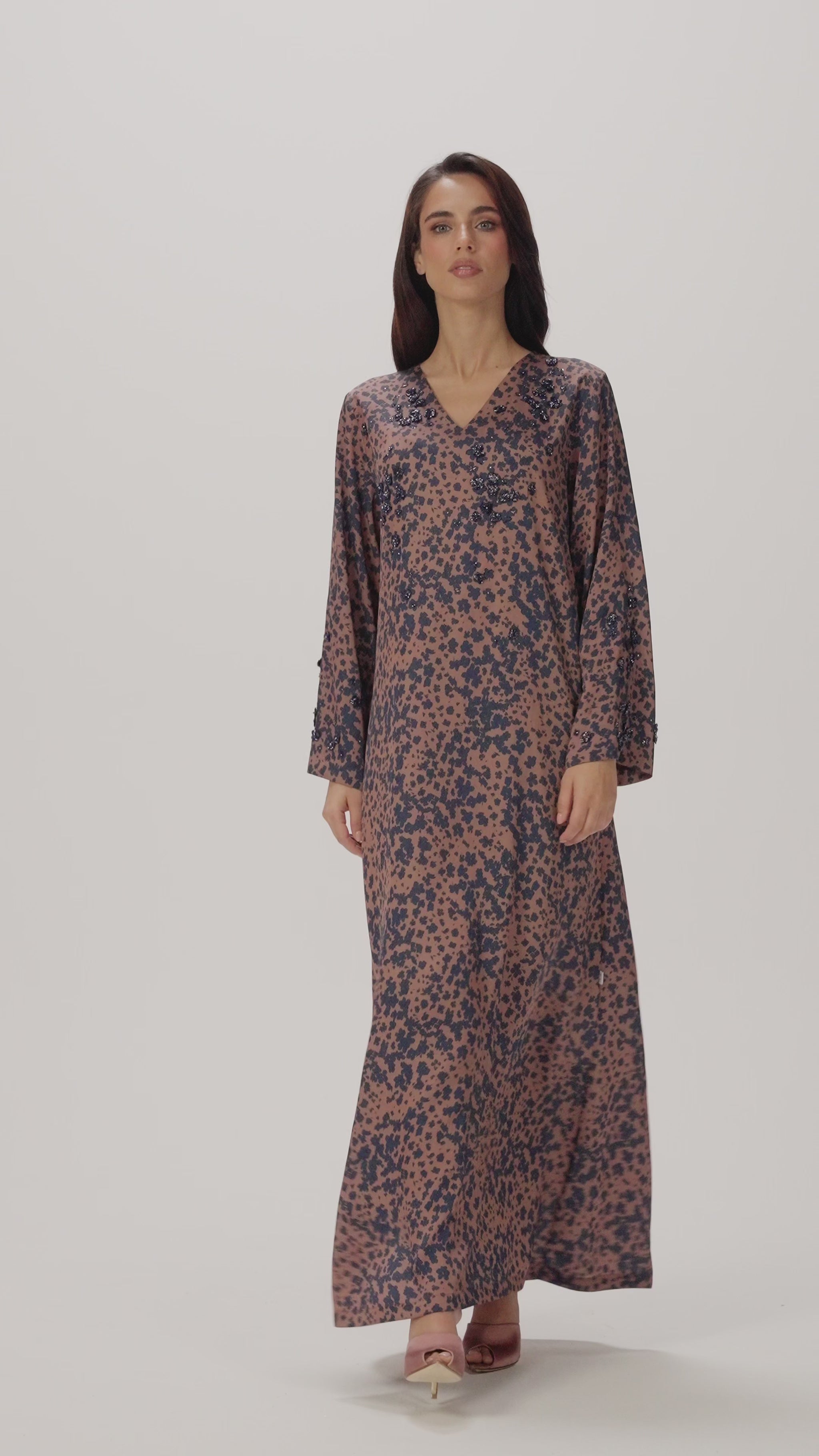 Vintage Rose Italian Twill Caftan with Hand-Beaded Navy Florals