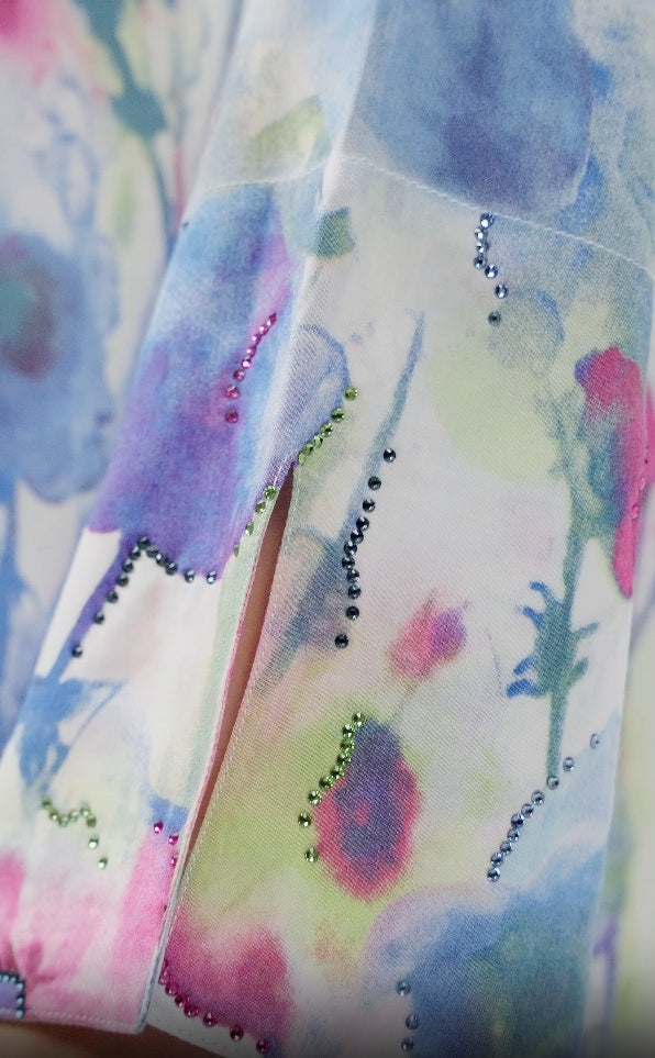 Watercolor Bloom Italian Satin Caftan with Hand Embellished Details