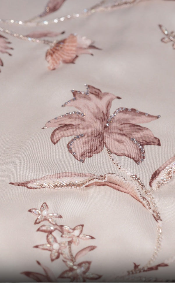 Blooming Grace Italian Viscose Satin Caftan with 3D Floral Embroidery European hotfix - Handmade Limited Edition