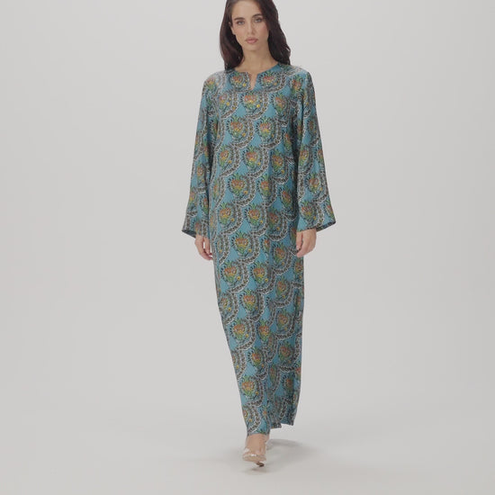 Turquoise Scallop Italian Viscose Satin Caftan