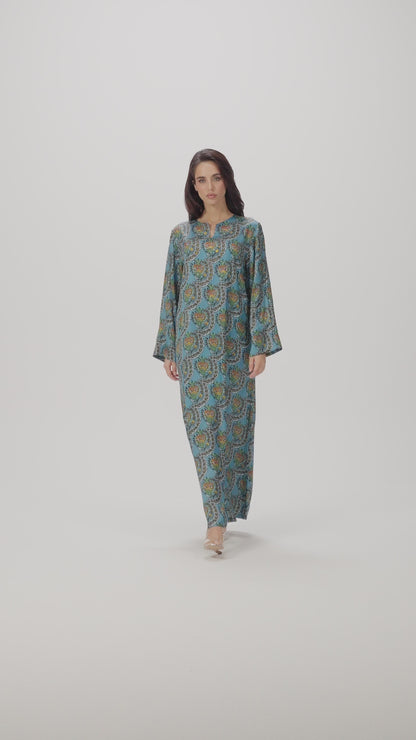 Turquoise Scallop Italian Viscose Satin Caftan