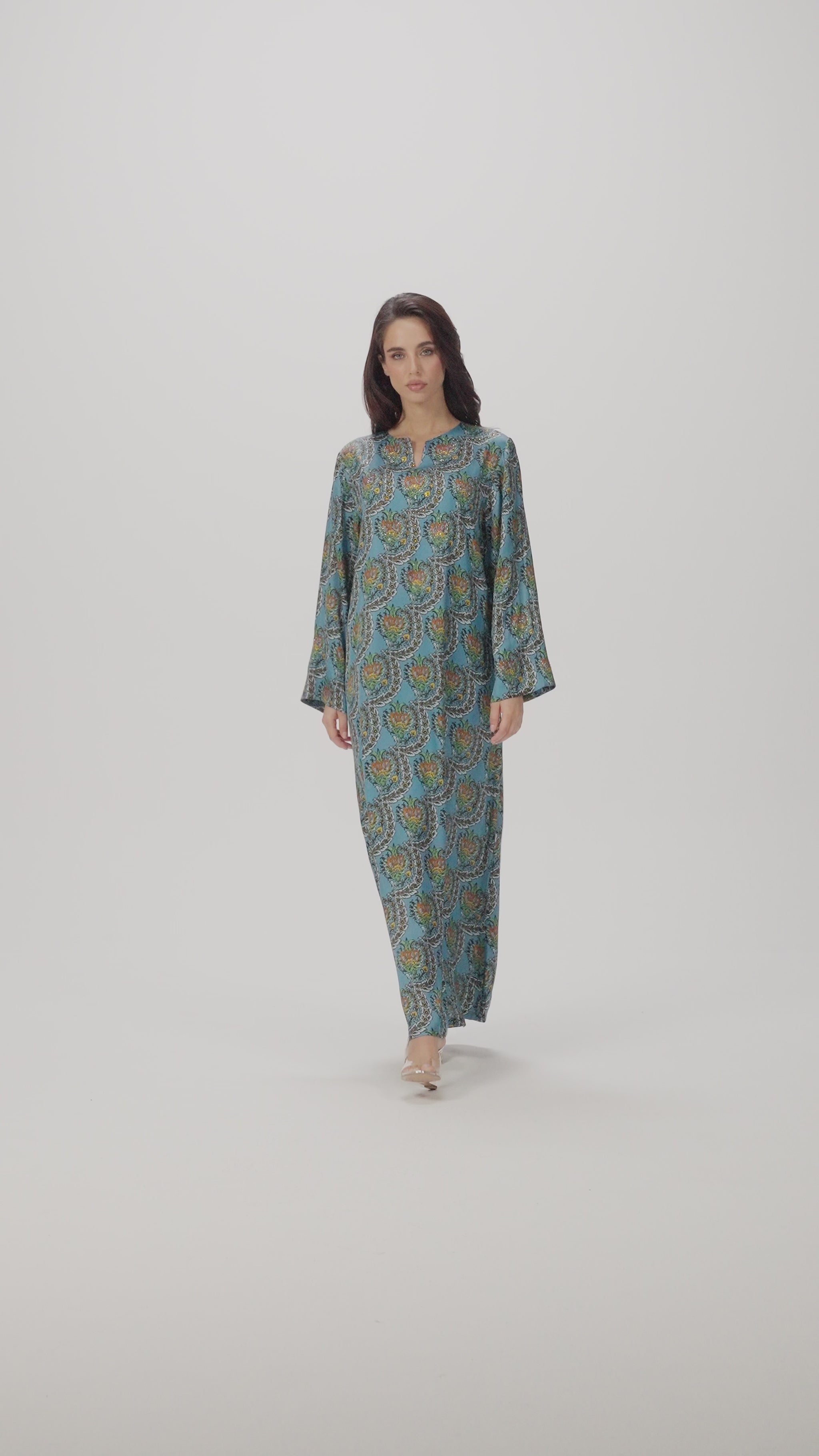 Turquoise Scallop Italian Viscose Satin Caftan