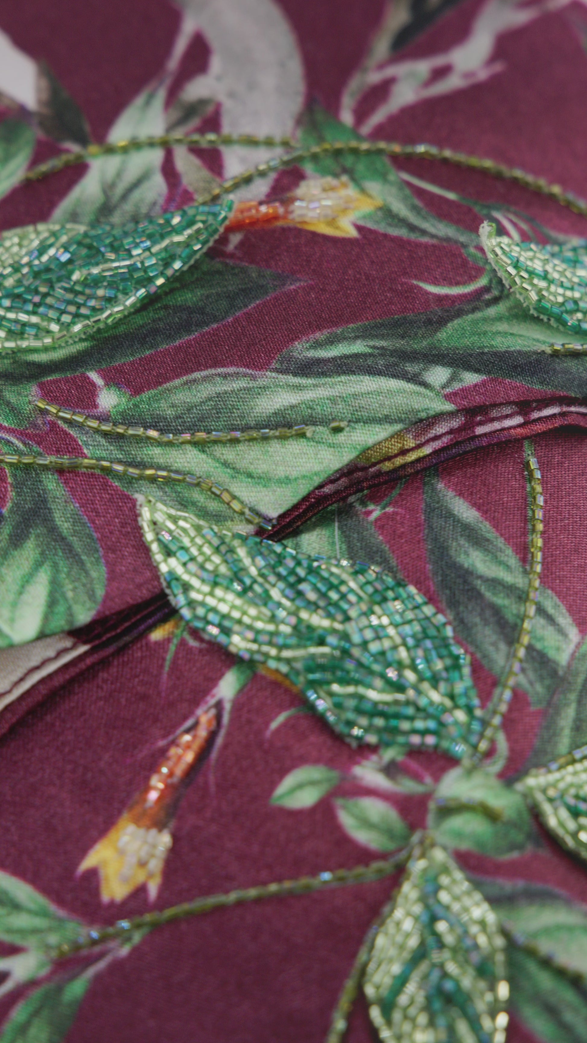 Raspberry Italian Viscose Satin Caftan with European Hand-Beaded 3D Florals – Handmade Limited Edition