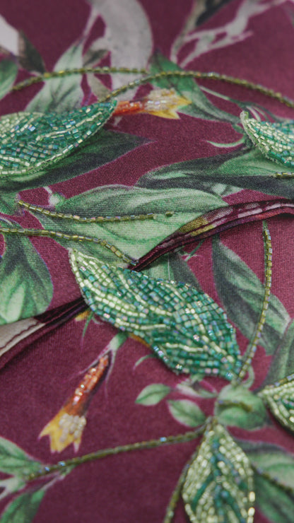 Raspberry Italian Viscose Satin Caftan with European Hand-Beaded 3D Florals – Handmade Limited Edition