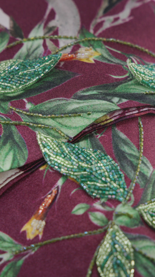 Raspberry Italian Viscose Satin Caftan with European Hand-Beaded 3D Florals – Handmade Limited Edition