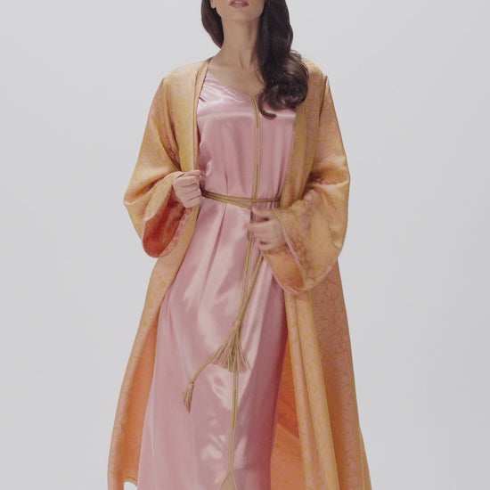 Golden Rose Jacquard Two-Piece Caftan with Satin Inner Dress