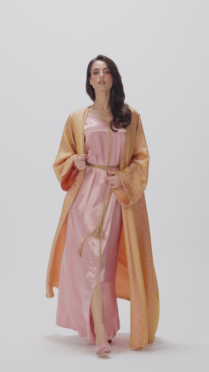 Golden Rose Jacquard Two-Piece Caftan with Satin Inner Dress