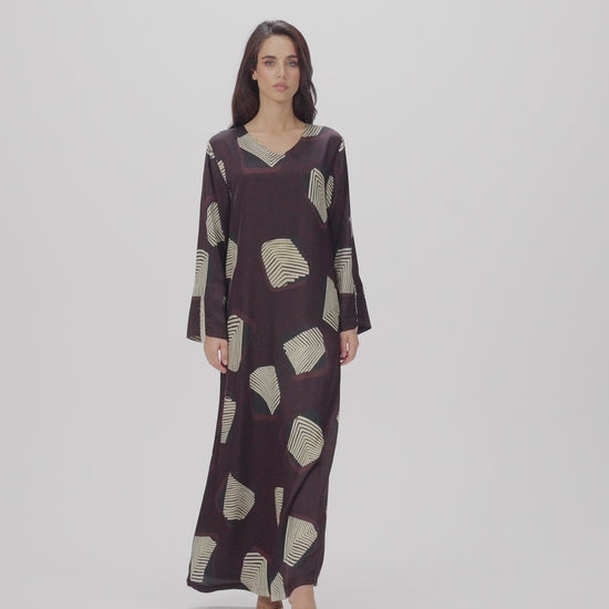 Midnight Geometry Italian Viscose Satin Caftan with Crystal Beadwork