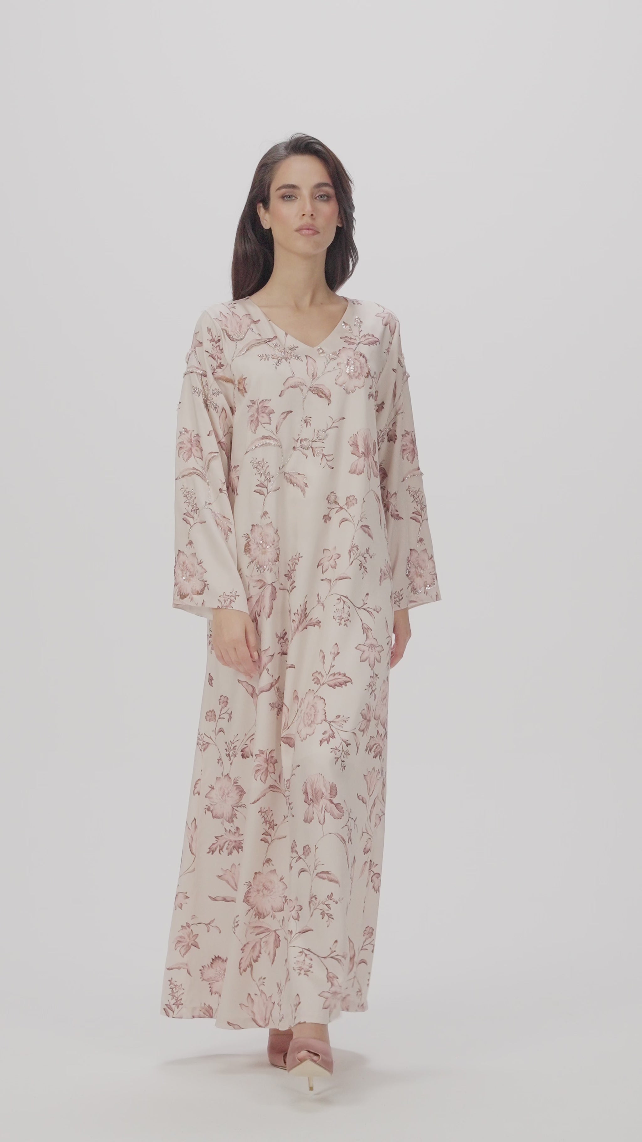 Blooming Grace Italian Viscose Satin Caftan with 3D Floral Embroidery