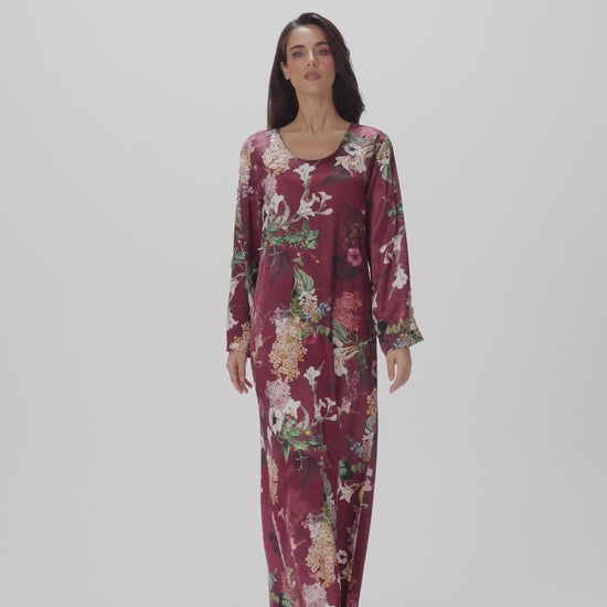 Raspberry Italian Viscose Satin Caftan with Hand-Beaded 3D Florals