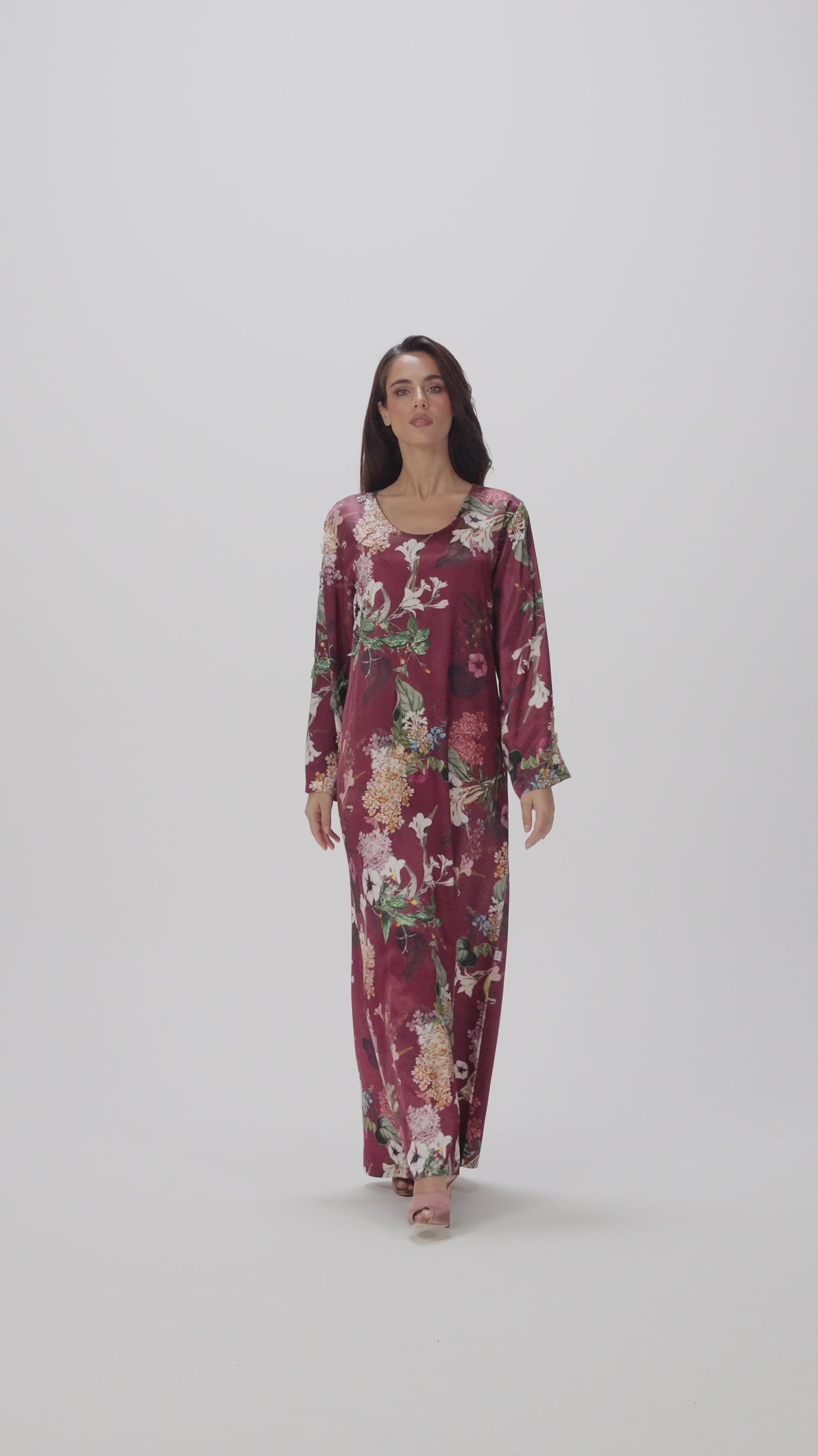Raspberry Italian Viscose Satin Caftan with Hand-Beaded 3D Florals