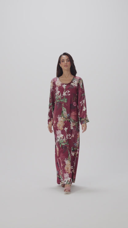 Raspberry Italian Viscose Satin Caftan with Hand-Beaded 3D Florals