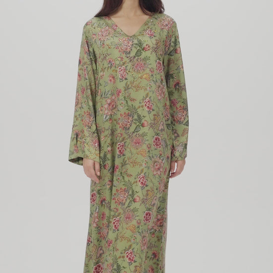 Moss Garden Italian Satin Caftan with Hand-Beaded Florals
