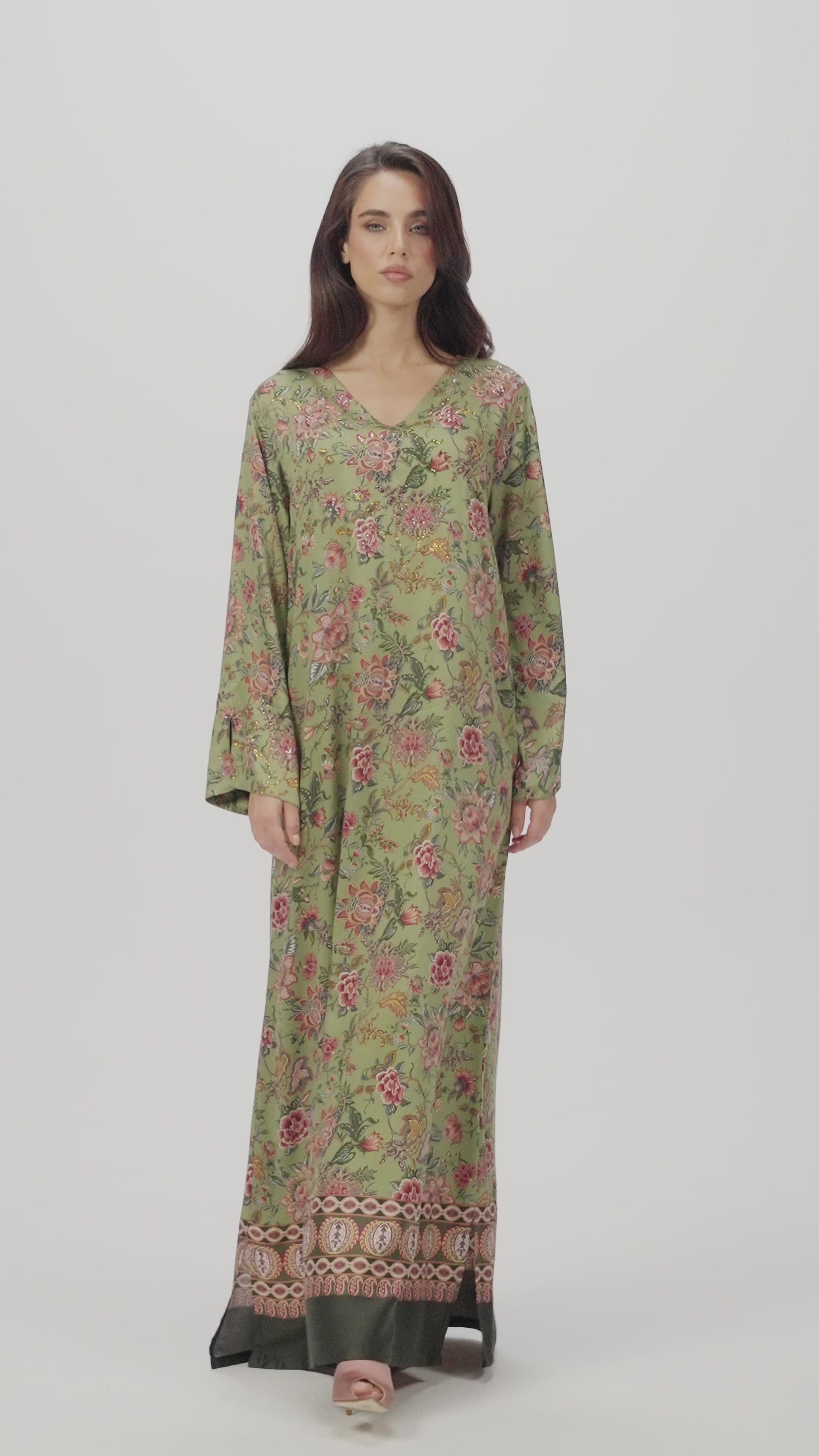 Moss Garden Italian Satin Caftan with Hand-Beaded Florals
