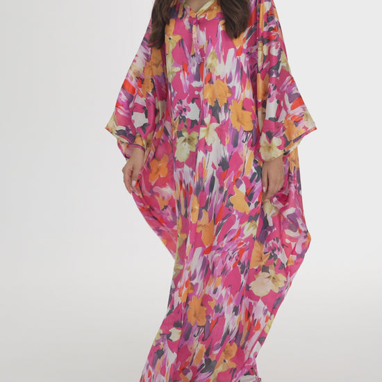 Bright Red Floral Italian Silk Cotton Caftan - House of Caftan