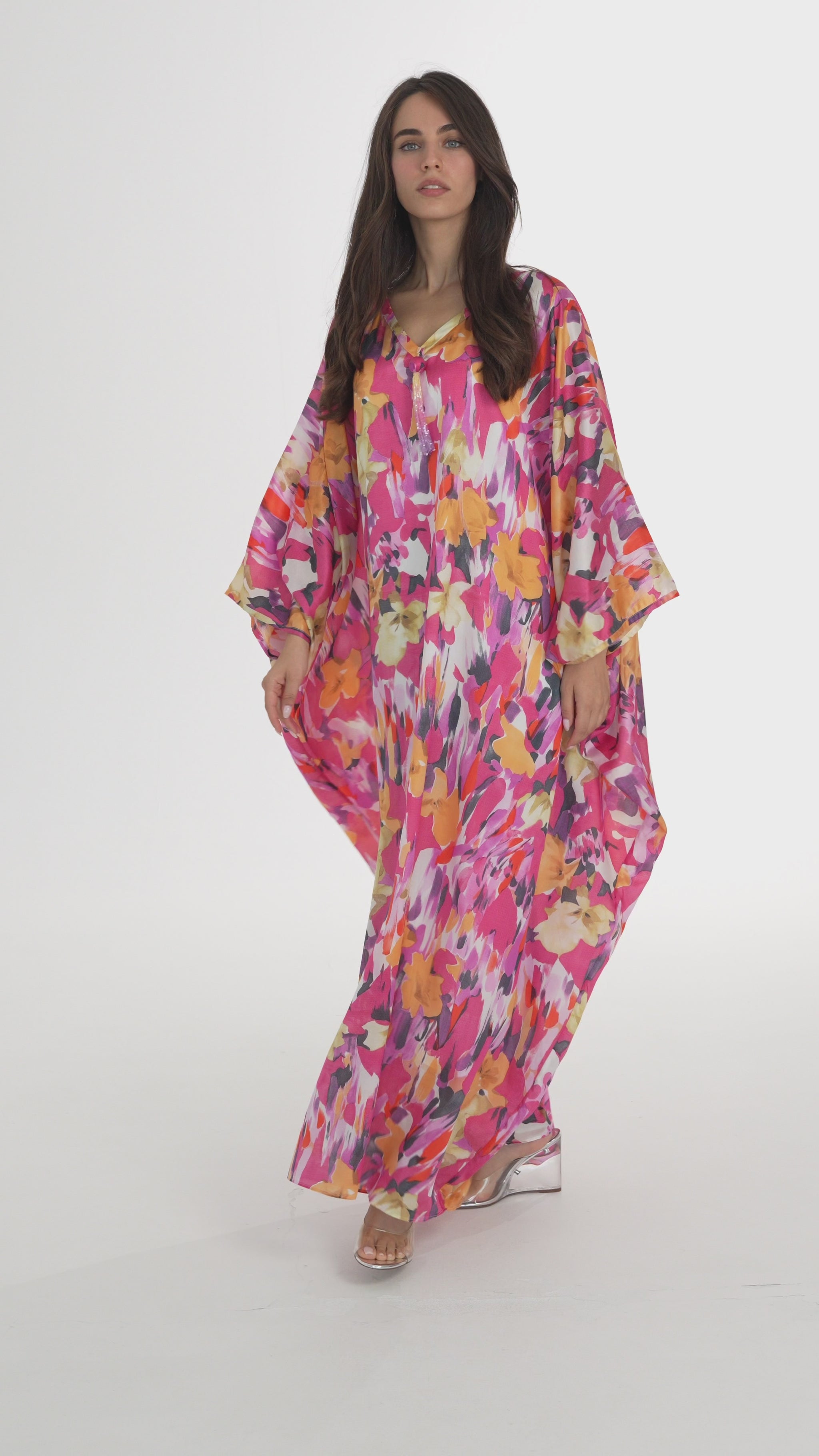 Bright Red Floral Italian Silk Cotton Caftan - House of Caftan