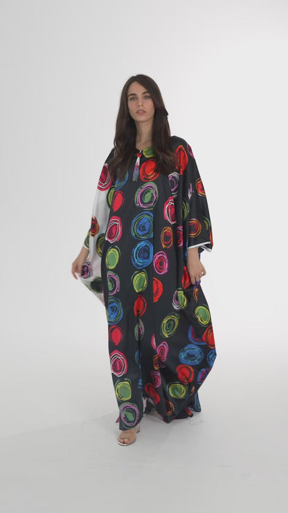 Red and Black Block Italian Silk Cotton Caftan - House of Caftan