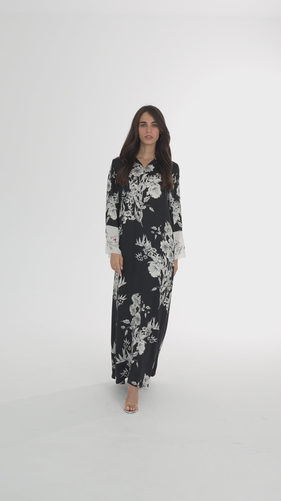 Black Floral Italian Viscose Caftan - House of Caftan