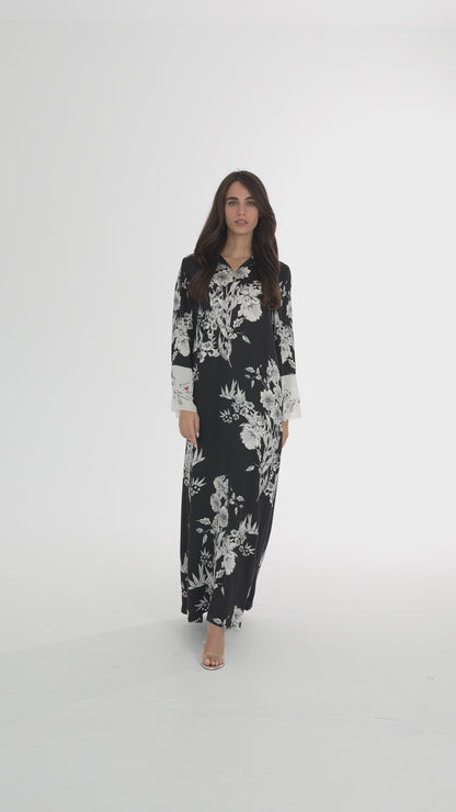 Black Floral Italian Viscose Caftan - House of Caftan