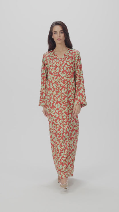 Red Garden Italian Satin Caftan with Hand-Beaded 3D Florals