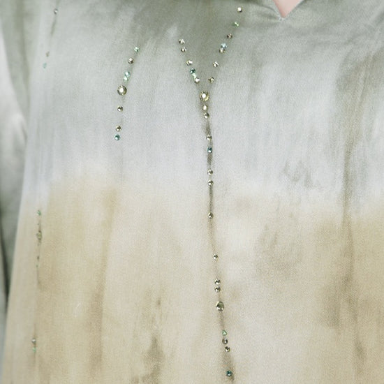 Marble Green Italian Viscose Satin Caftan with Hand Beading
