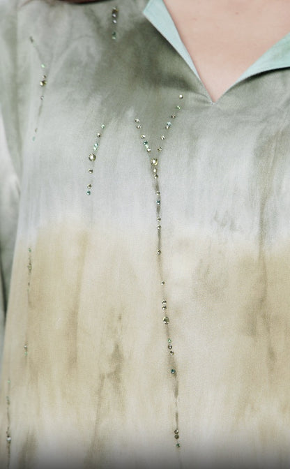 Marble Green Italian Viscose Satin Caftan with Hand Beading