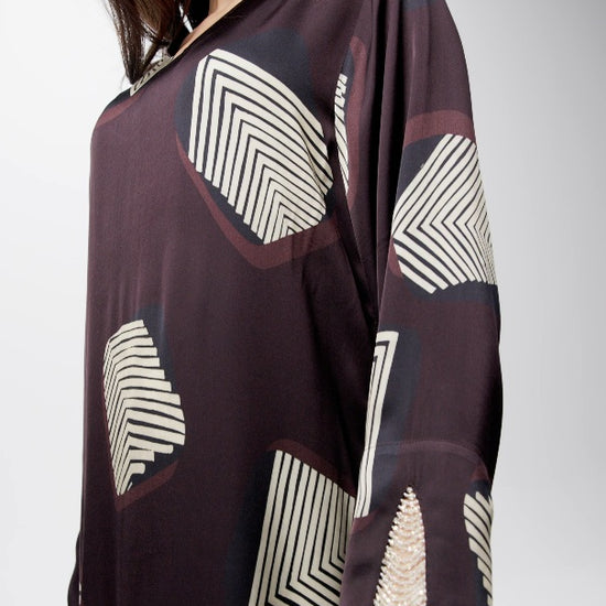 Midnight Geometry Italian Viscose Satin Caftan with Crystal Beadwork