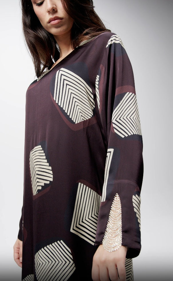 Midnight Geometry Italian Viscose Satin Caftan with Crystal Beadwork