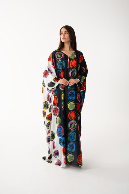 Red and Black Color Block Italian Silk Viscose Caftan - House of Caftan
