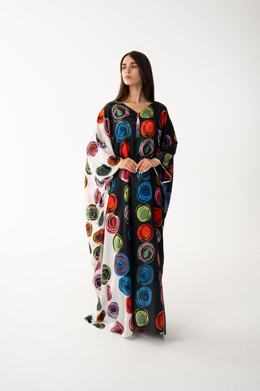 Red and Black Color Block Italian Silk Viscose Caftan - House of Caftan