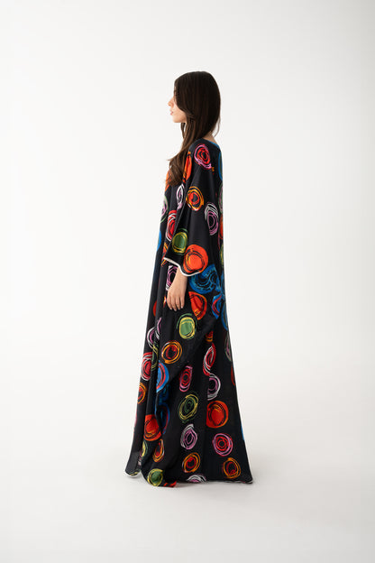 Red and Black Color Block Italian Silk Viscose Caftan - House of Caftan