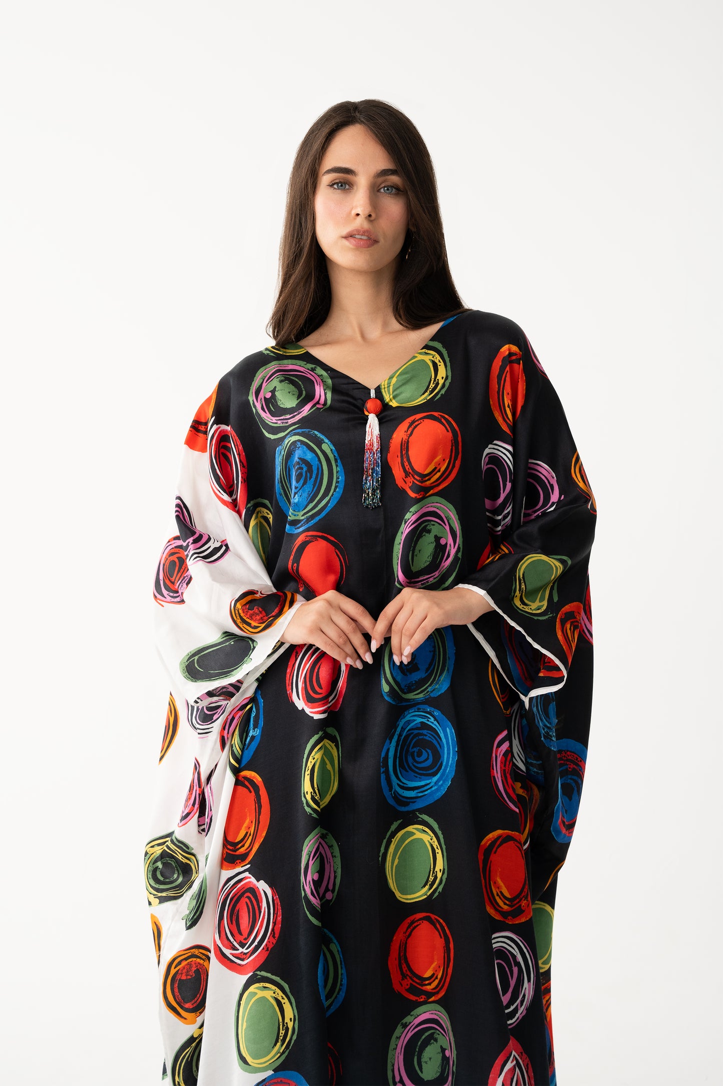 Red and Black Color Block Italian Silk Viscose Caftan - House of Caftan