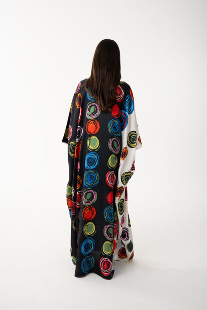 Red and Black Color Block Italian Silk Viscose Caftan - House of Caftan