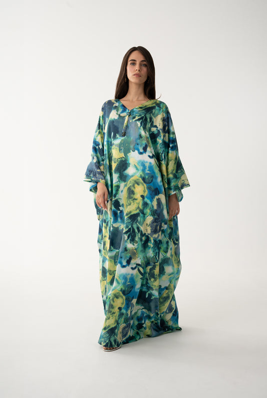 Turquoise Italian Silk Viscose Caftan - House of Caftan