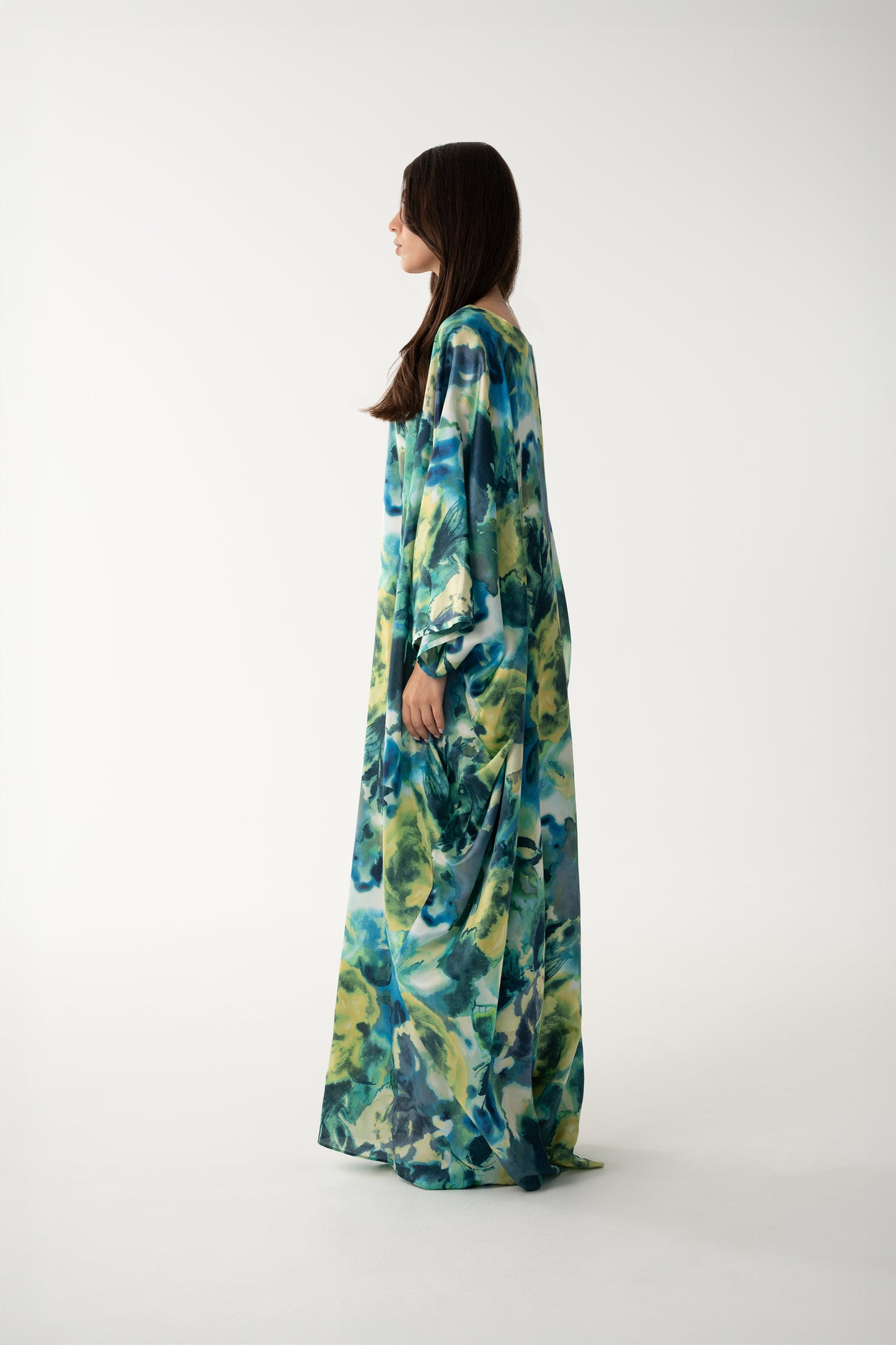 Turquoise Italian Silk Viscose Caftan - House of Caftan